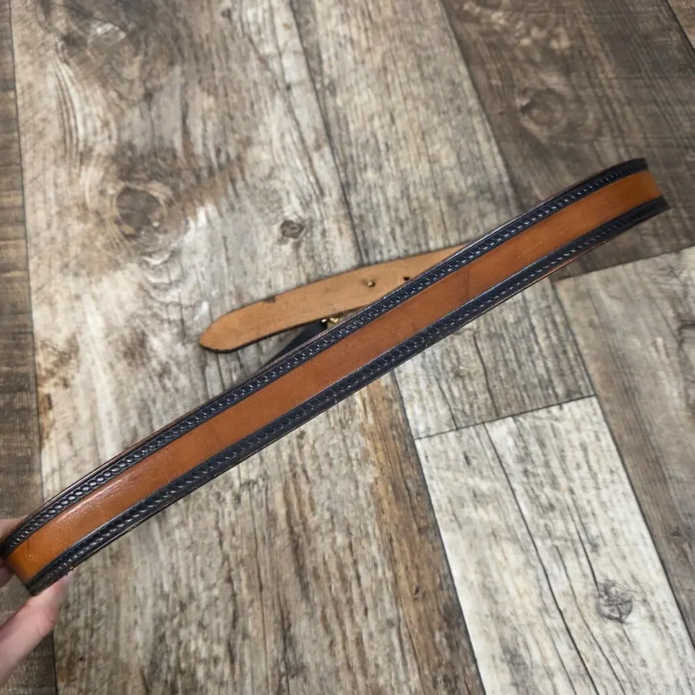 Vintage 80s BTS Leather Belt Brown Black Tooled Western Solid Brass Buckle